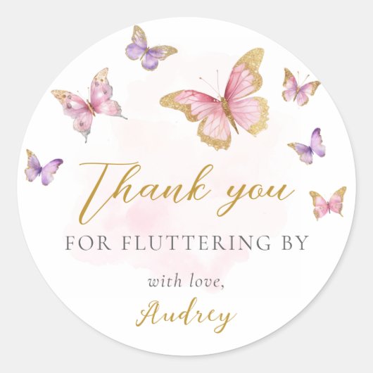 ピンクパープル金ゴールドバタフライガールベビーシャワー ラウンドシール (正面)