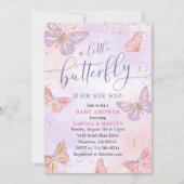 ピンクパープル金ゴールドバタフライベビーシャワー 招待状 (正面)