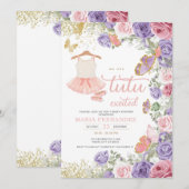 ピンクパープル金ゴールドバレエガールベビーシャワー 招待状 (正面/裏面)