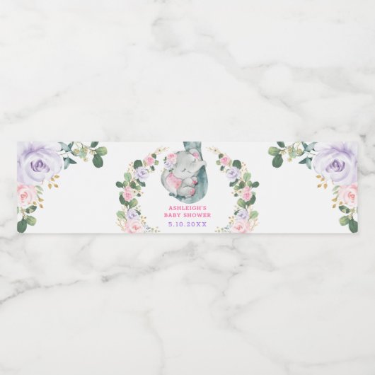 ピンクパープル金ゴールドフローラゾウ赤ちゃんシャワーの好意 ペットボトルラベル (シングルラベル)