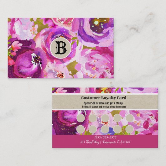 ピンクパープル金ゴールドフローラモダン顧客ロイヤリティ ロイヤリティカード (正面/裏面)
