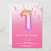 ピンクパープル金ゴールドホイル気球ガールズ1st誕生日 招待状 (正面)