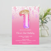 ピンクパープル金ゴールドホイル気球ガールズ1st誕生日 招待状 (スタンド正面)