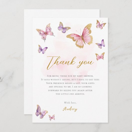 ピンクパープル金ゴールドリトルバタフライガールベビーシャワー サンキューカード (正面/裏面)
