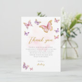 ピンクパープル金ゴールドリトルバタフライガールベビーシャワー サンキューカード (スタンド正面)