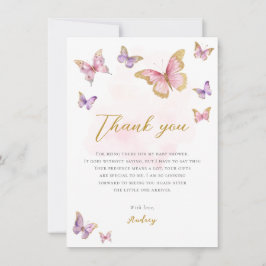 ピンクパープル金ゴールドリトルバタフライガールベビーシャワー サンキューカード