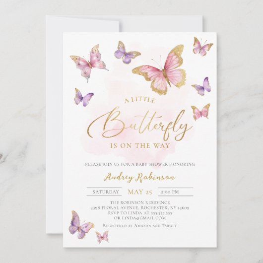 ピンクパープル金ゴールドリトルバタフライガールベビーシャワー 招待状 (正面)