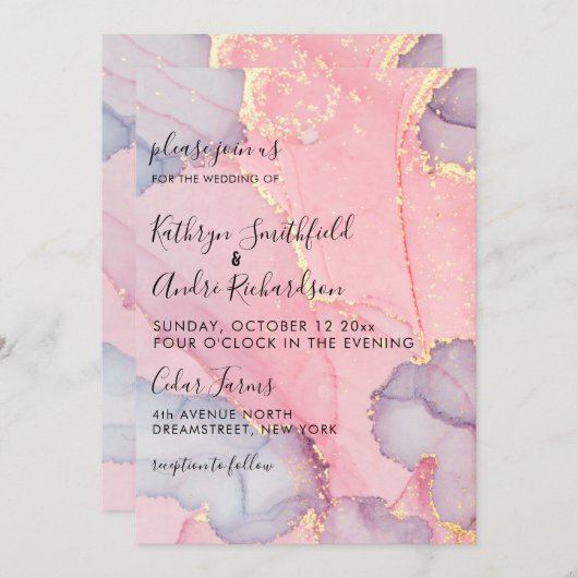 ピンクパープル金ゴールドヴィンテージウェディング招待状 招待状 (正面/裏面)