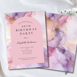 ピンクパープル金ゴールド水彩アーチ50誕生日 招待状
