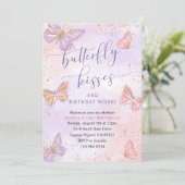 ピンクパープル金ゴールド蝶キス誕生日 招待状 (スタンド正面)