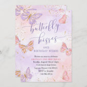 ピンクパープル金ゴールド蝶キス誕生日 招待状 (正面/裏面)