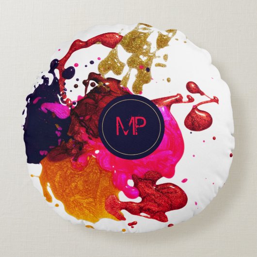 ピンクパープル金ゴールド(ばちゃばちゃ)跳ねるモノグラム装飾用クッション ラウンドクッション (正面)