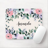 ピンクパープル&グリーンウォーター色のフローラ縁ど マウスパッド (マウス)
