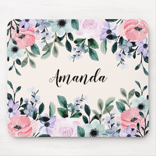 ピンクパープル&グリーンウォーター色のフローラ縁ど マウスパッド (正面)