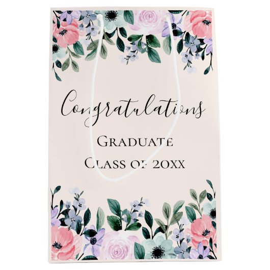 ピンクパープル&グリーンフローラおめでとう ミディアムペーパーバッグ (正面)