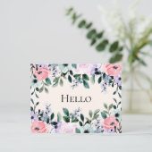 ピンクパープル&グリーンフローラ水彩こんにちは ポストカード (スタンド正面)
