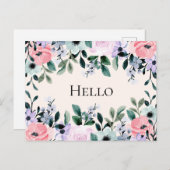 ピンクパープル&グリーンフローラ水彩こんにちは ポストカード (正面/裏面)