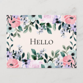 ピンクパープル&グリーンフローラ水彩こんにちは ポストカード
