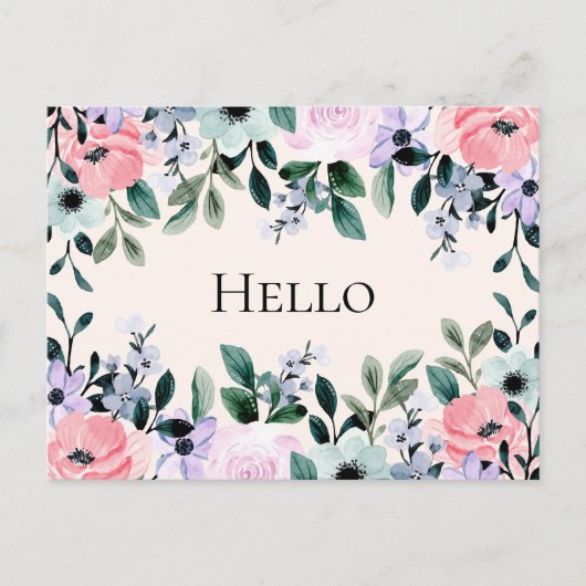 ピンクパープル&グリーンフローラ水彩こんにちは ポストカード (正面)