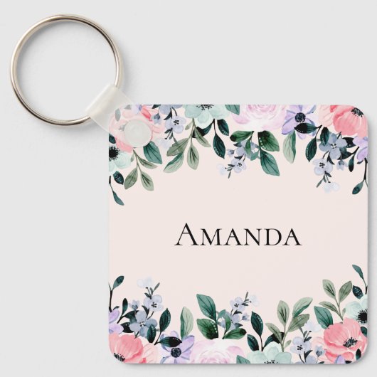 ピンクパープル&グリーンフローラ水彩 キーホルダー (正面)