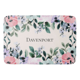 ピンクパープル&グリーンフローラ水彩 バスマット