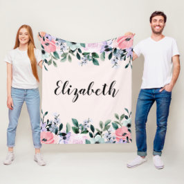 ピンクパープル&グリーンフローラ水彩 フリースブランケット