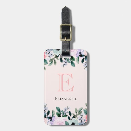 ピンクパープル&グリーンフローラ水彩 ラゲッジタグ (正面縦)