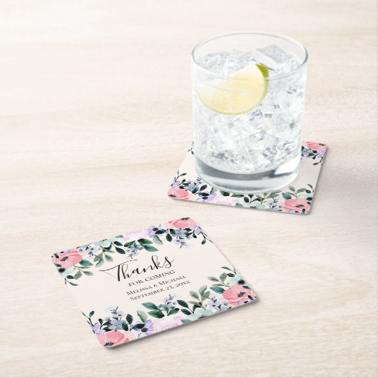 ピンクパープル&グリーンフローラ水色結婚の スクエアペーパーコースター (インサイチュ)