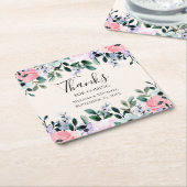 ピンクパープル&グリーンフローラ水色結婚の スクエアペーパーコースター (アングル)