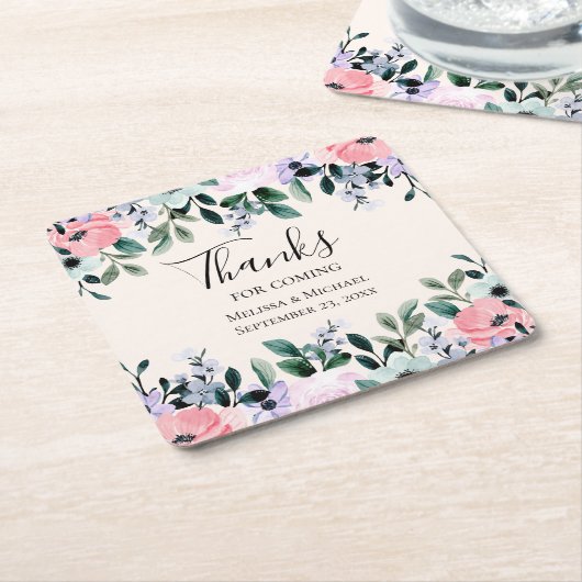 ピンクパープル&グリーンフローラ水色結婚の スクエアペーパーコースター (アングル)