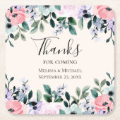 ピンクパープル&グリーンフローラ水色結婚の スクエアペーパーコースター (正面)