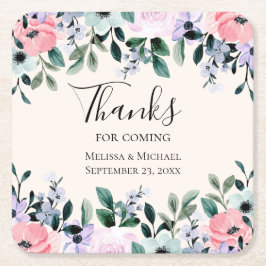 ピンクパープル&グリーンフローラ水色結婚の スクエアペーパーコースター