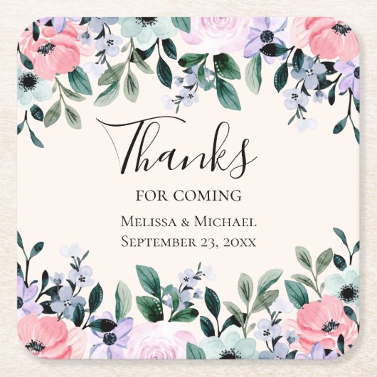 ピンクパープル&グリーンフローラ水色結婚の スクエアペーパーコースター (正面)