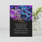 ピンクパープル&ブルーマスクマスカレードパーティー招待状 招待状 (スタンド正面)
