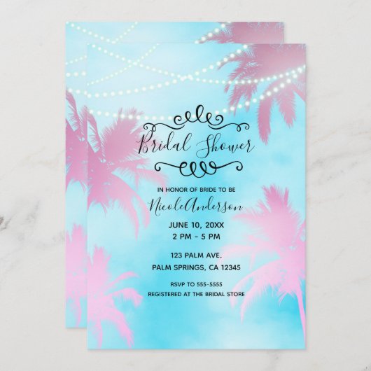 ピンクパームツリーズブルースカイ&ライトブライダルシャワー 招待状 (正面/裏面)
