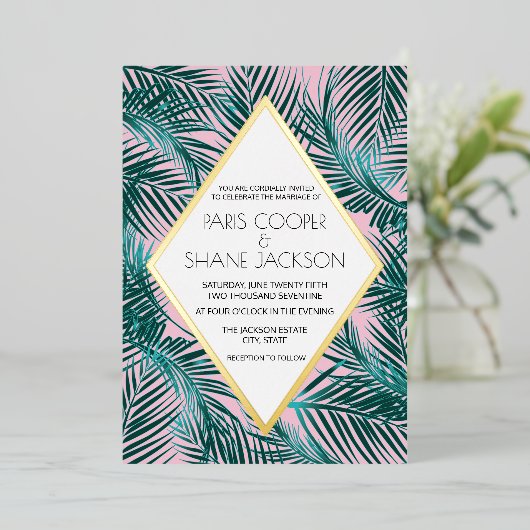 ピンクパームデコ結婚のゴールドフォイル招待状 箔招待状 (立ち正面)