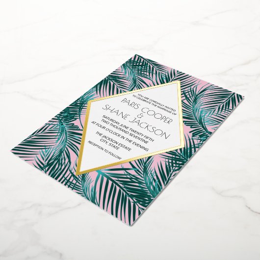 ピンクパームデコ結婚のゴールドフォイル招待状 箔招待状 (回転した状態)
