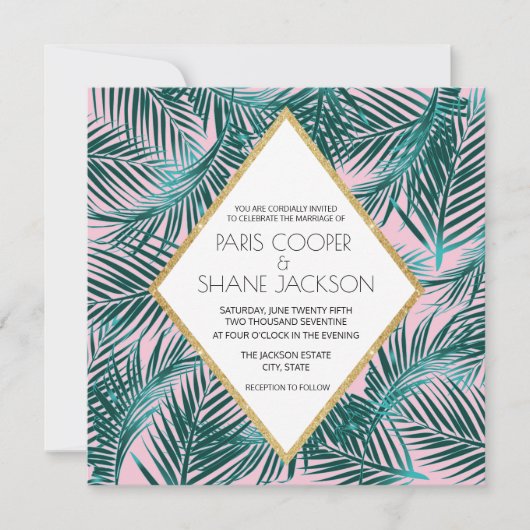 ピンクパームデコ結婚式招待状 招待状 (正面)