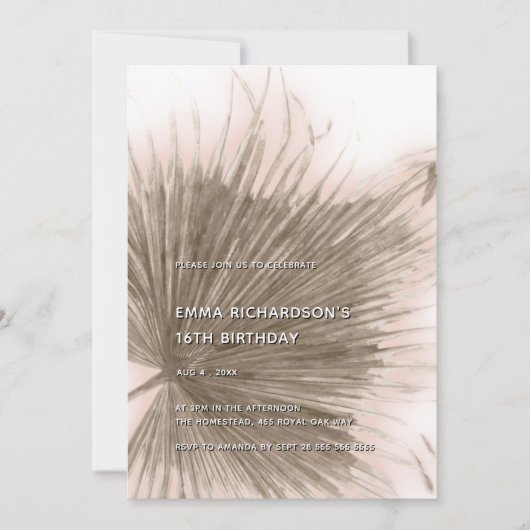 ピンクパームトロピカルボタニカルリーフ16誕生日 招待状 (正面)