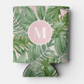 ピンクパームリーフトロピカルフローラモノグラム 缶クーラー (正面)