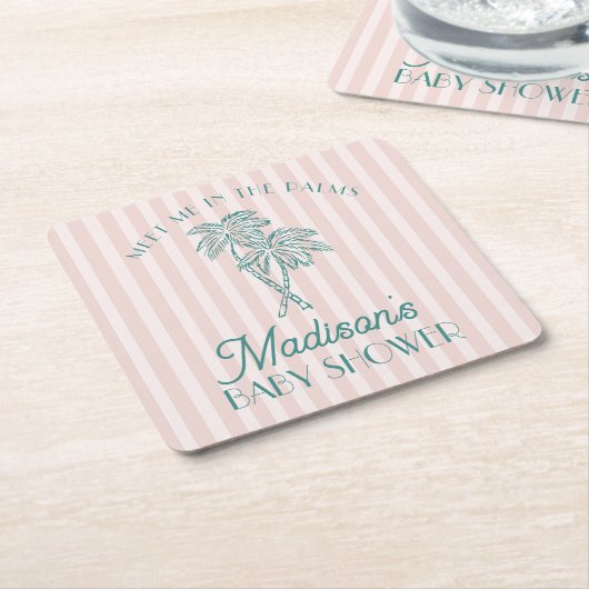 ピンクパーム春パステルビーチベビーシャワー スクエアペーパーコースター (アングル)