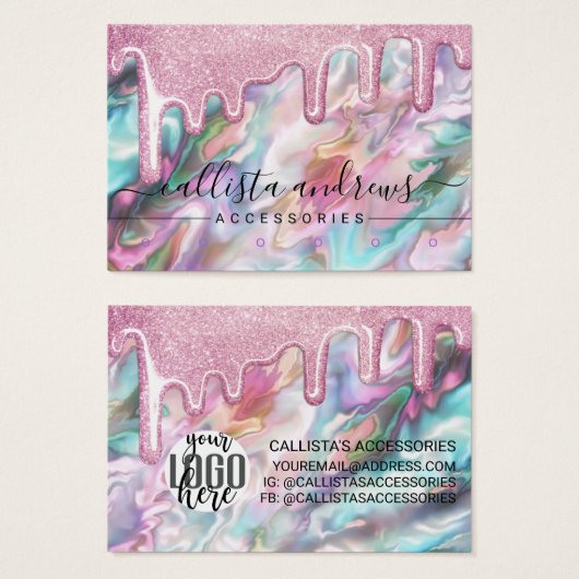 ピンクパールオパールグリッター垂れ下がり低イヤリングロゴ (正面&裏面)