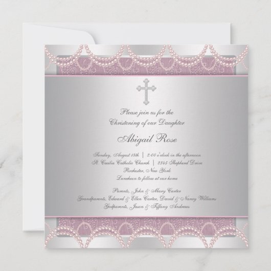 ピンクパールクロスベビーガールバプテスマ《キリスト教》洗礼式や命名式 招待状 (裏面)