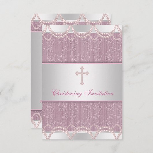 ピンクパールクロスベビーガールバプテスマ《キリスト教》洗礼式や命名式 招待状 (正面/裏面)