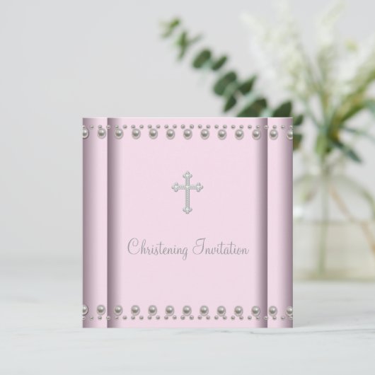 ピンクパールクロスベビーガール《キリスト教》洗礼式や命名式 招待状 (スタンド正面)