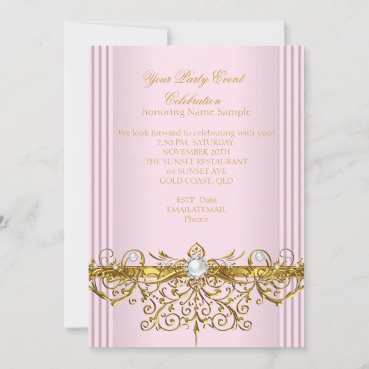 ピンクパールスホワイト金ゴールドエレガントバースデーパーティー 招待状 (裏面)