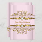 ピンクパールスホワイト金ゴールドエレガントバースデーパーティー 招待状 (正面/裏面)