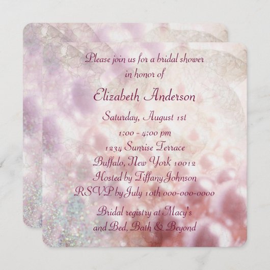 ピンクパールダイヤエレガントズホワイトブライダルシャワー 招待状 (正面/裏面)