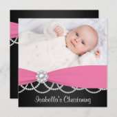 ピンクパールピンクブラックガールズフォト《キリスト教》洗礼式や命名式インビ 招待状 (正面/裏面)