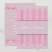 ピンクパールピンストライプの女の子の1歳の誕生日パーティー 招待状 (正面/裏面)